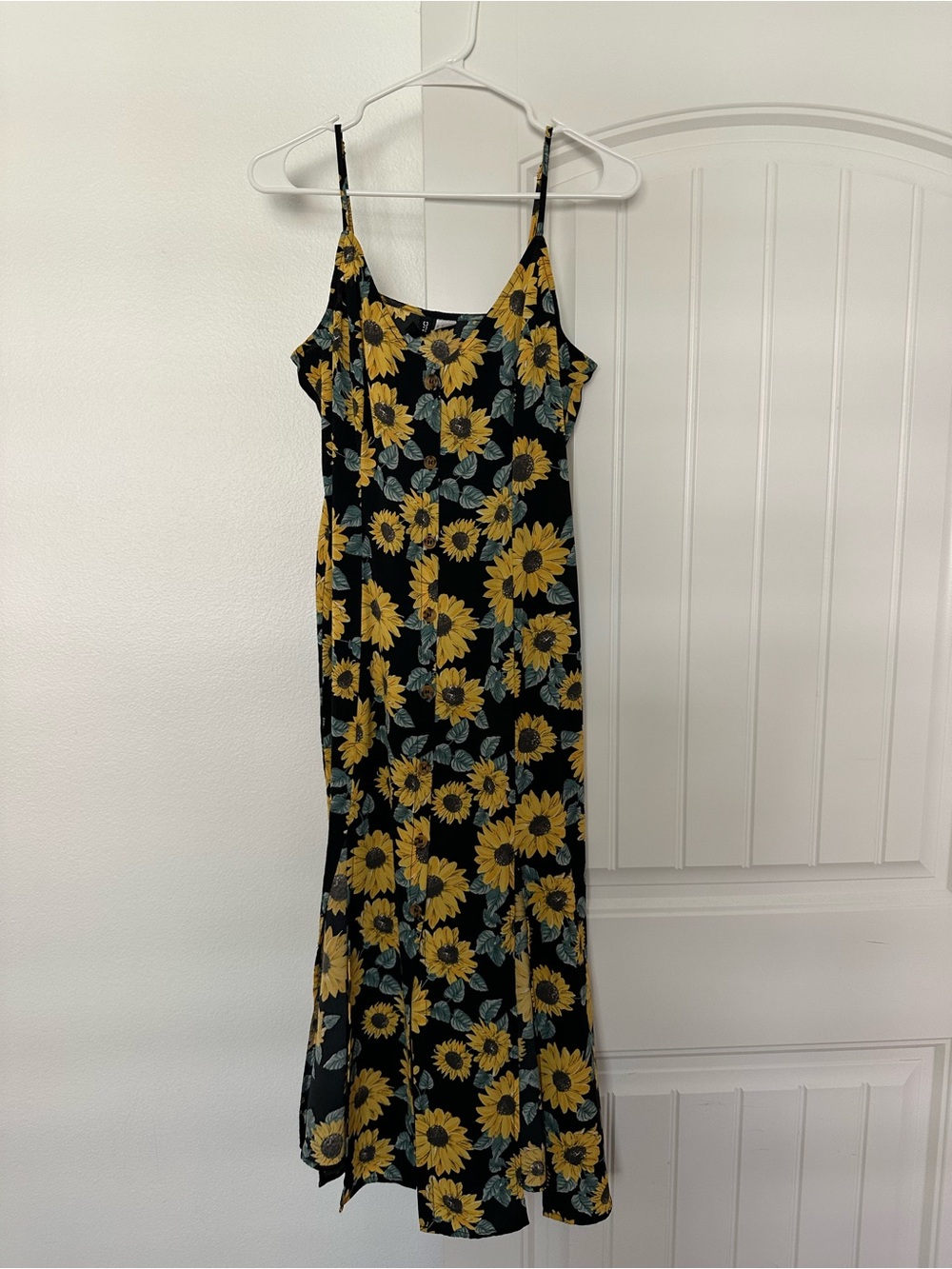Divided Black Slip Dress with Yellow Sunflower Print